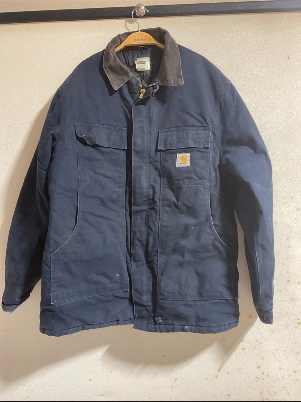 Carhartt Jacket Mens 44 Dark Navy -brown Lined Corduroy Collar C03 DNY-see Photo